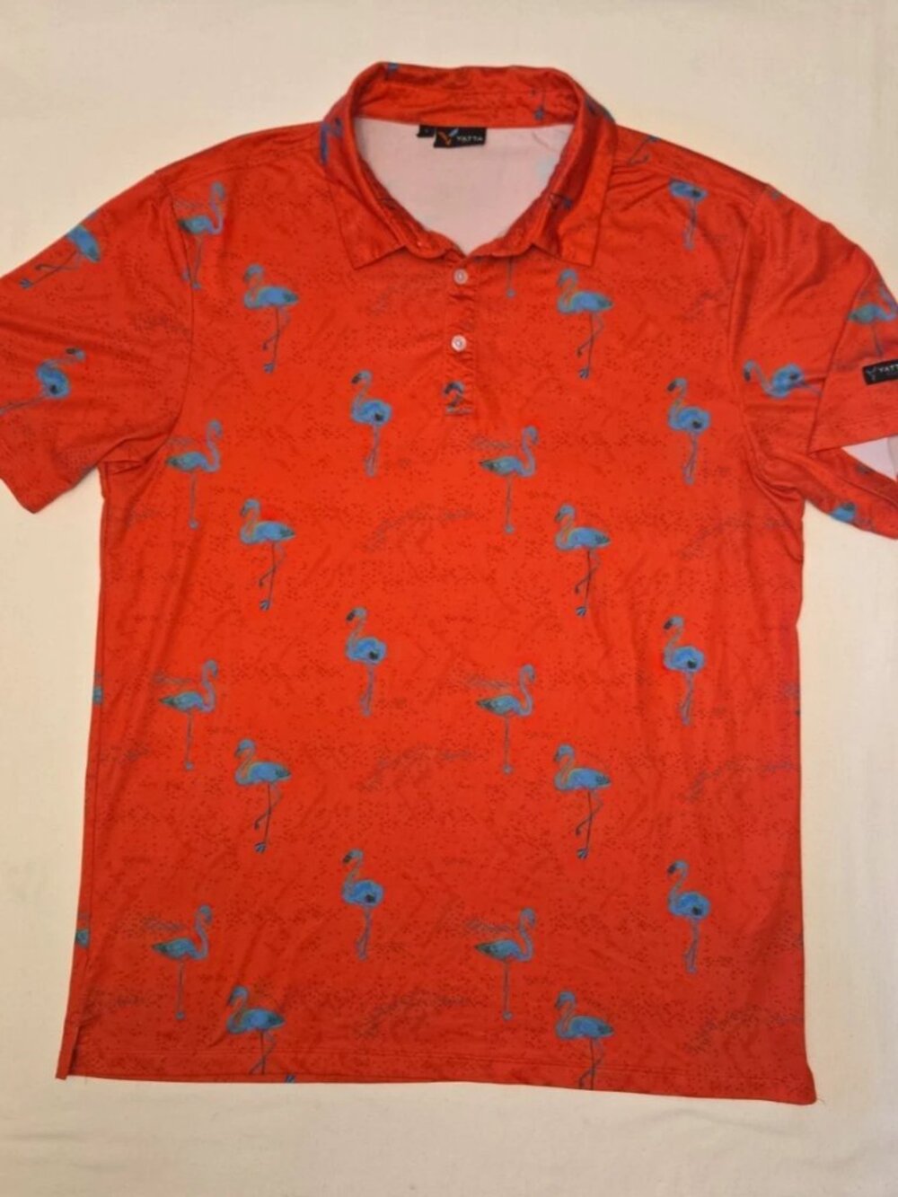 ATTA GOLF Men's Red W/Blue Flamingos Polo Golf Shirt.  Sz. Large. * EUC *